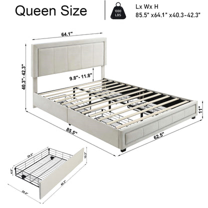 Upholstered Queen Size Platform Bed with LED Lights, Storage Bed with 4 Drawers, Beige