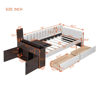 Upholstered Multi-functional Daybed with Cup Holder and a set of USB Ports and Sockets, Beige