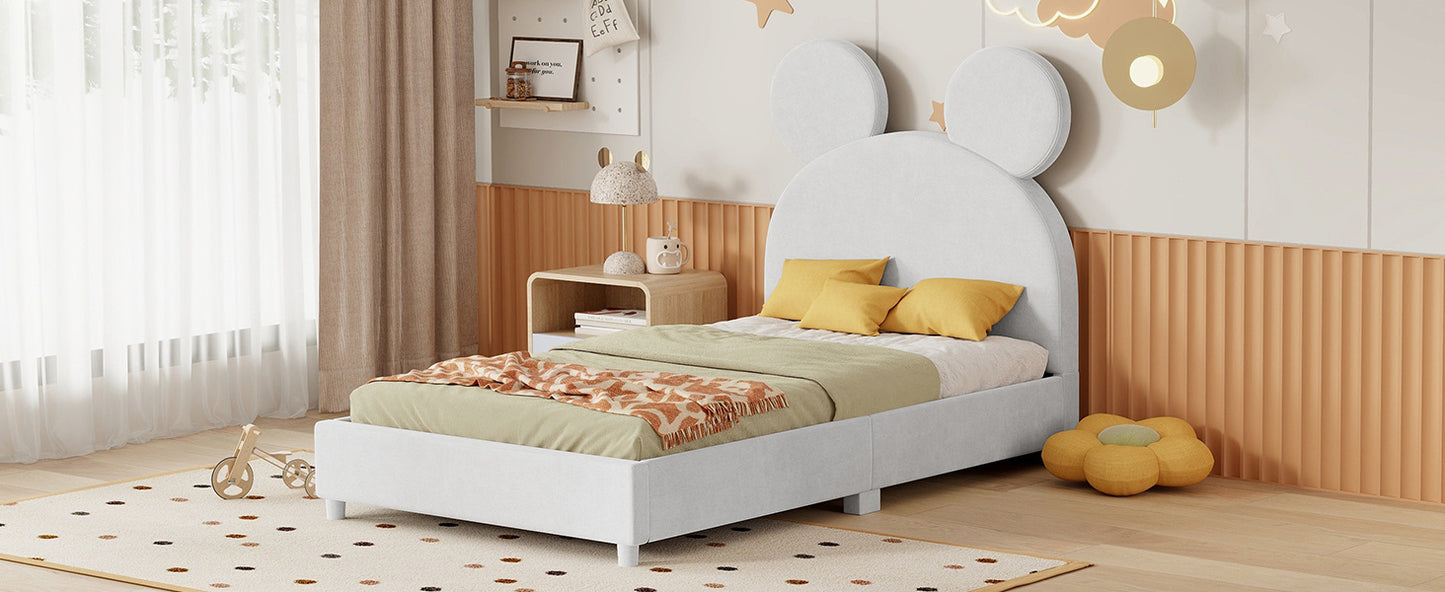 upholstered bed with bear ear shaped headboard, beige