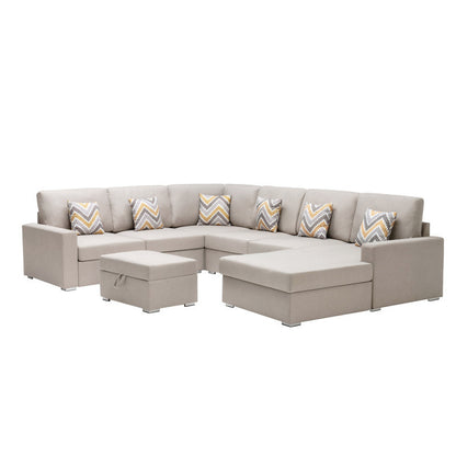 Nolan 7Pc Reversible Chaise Sectional Sofa with Interchangeable Legs, 6 Pillows and Storage Ottoman