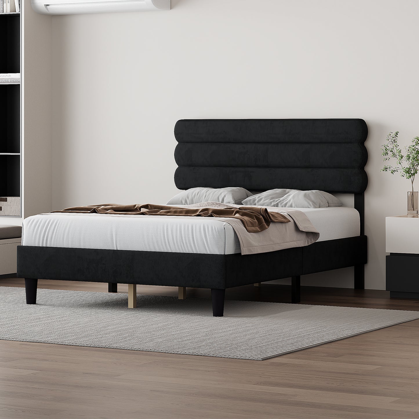 rudy queen bed frame with headboard, dark grey