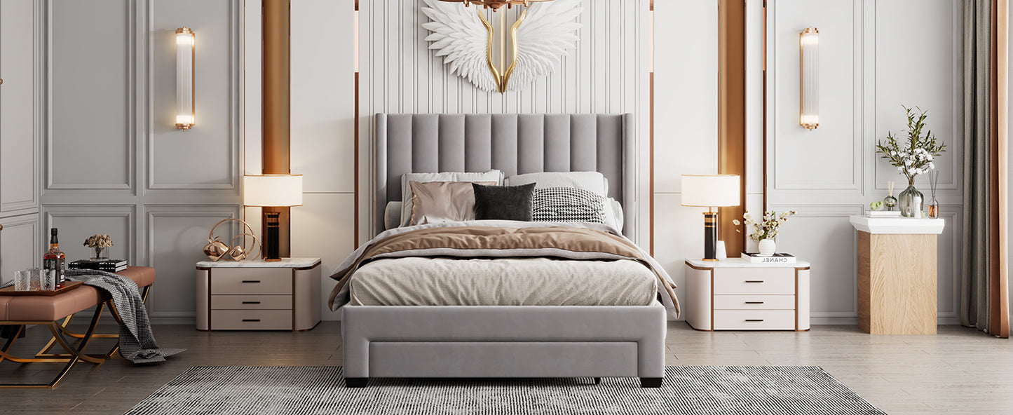 danny velvet upholstered platform bed with a big drawer - gray
