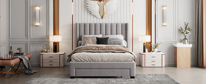 Danny Velvet Upholstered Platform Bed with a Big Drawer - Gray