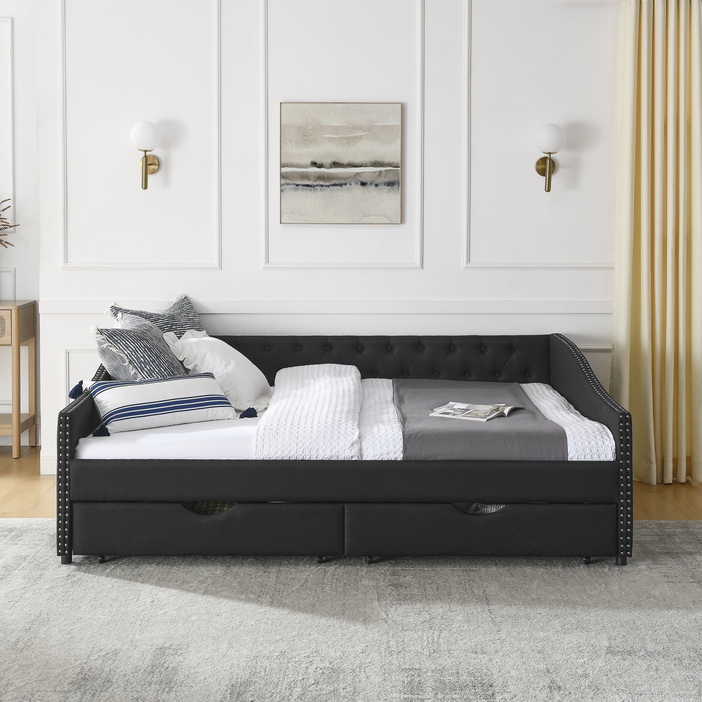 queen size daybed with drawers upholstered tufted sofa bed,,with button on back and copper nail on waved shape arms(84.5"x63.5"x26.5")