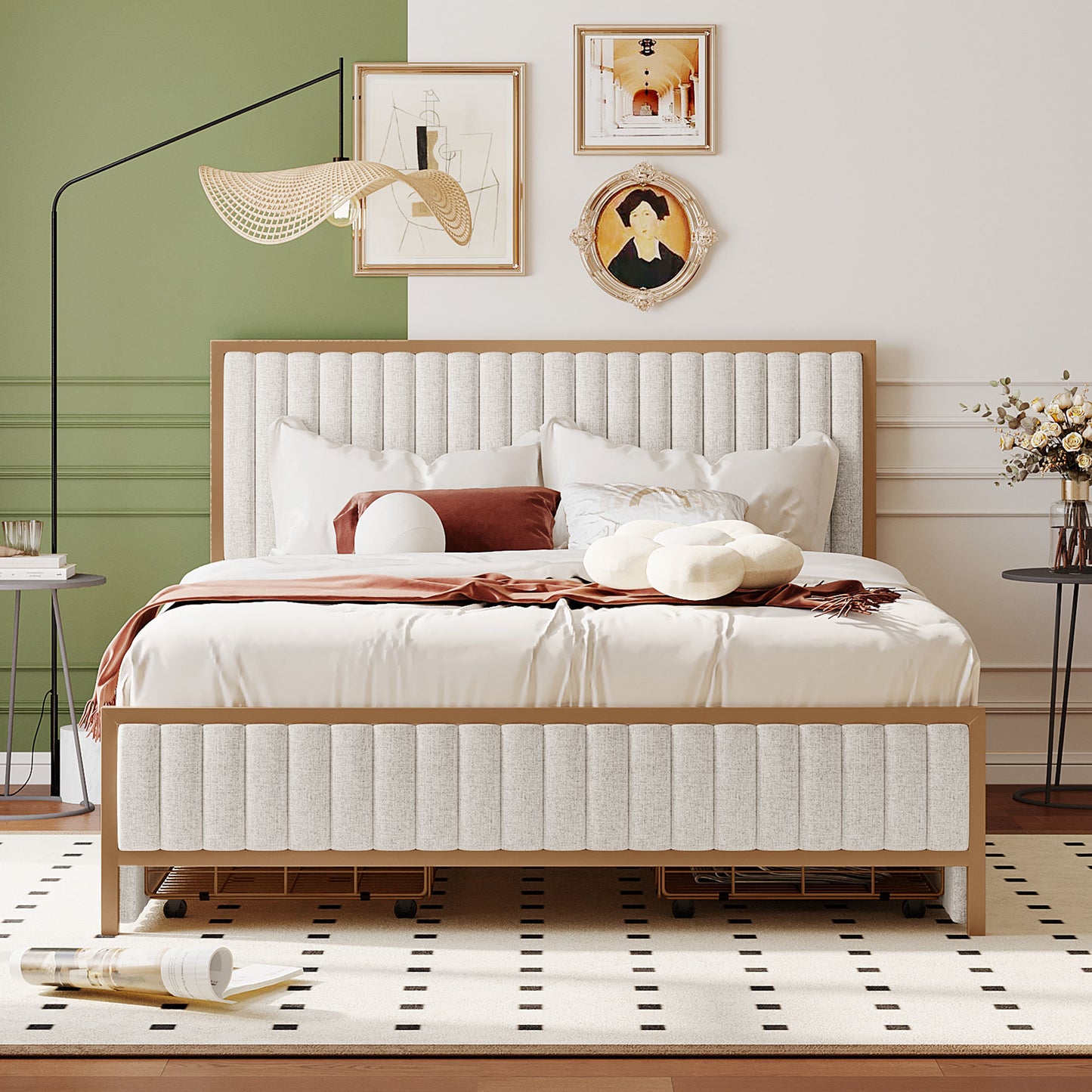 queen size metal frame upholstered bed with 4 drawers, linen fabric, beige