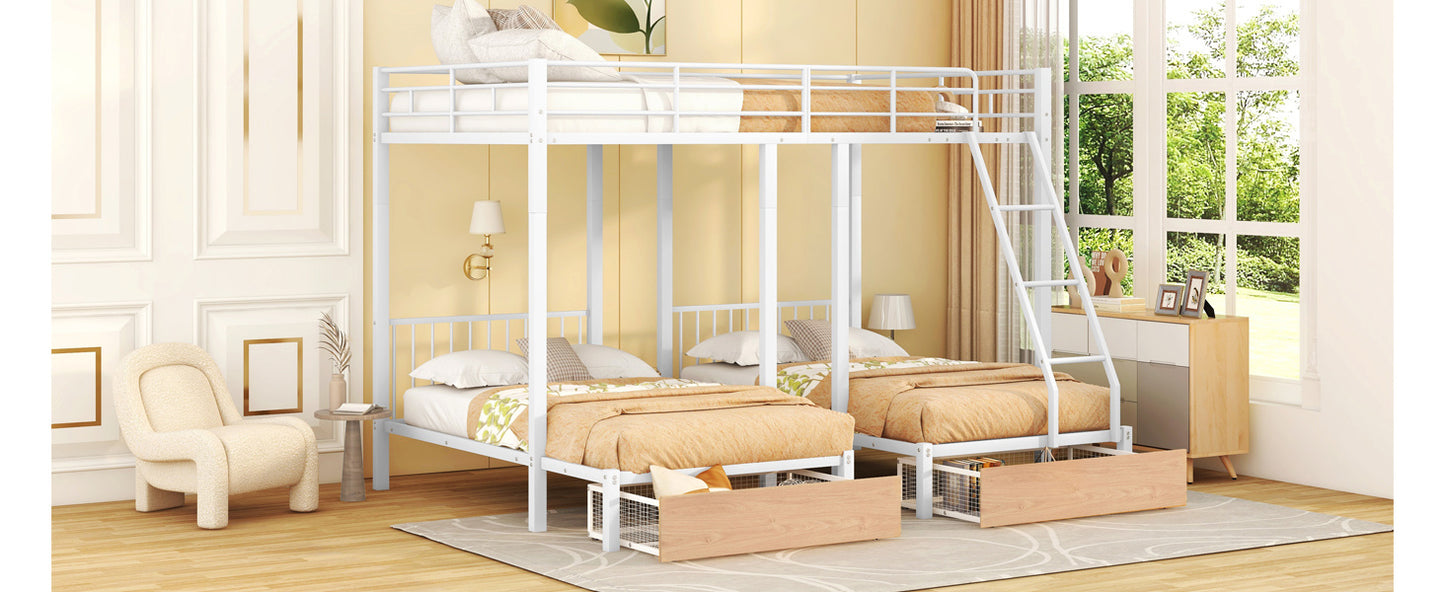 full over twin & twin bunk bed with drawers and guardrails, white