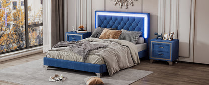 Upholstered Bed Frame with LED Lights, Blue