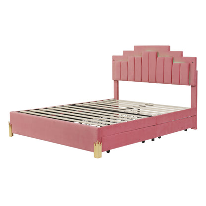Irregular Upholstered Platform Bed with LED Lights and 4 Drawers, Pink