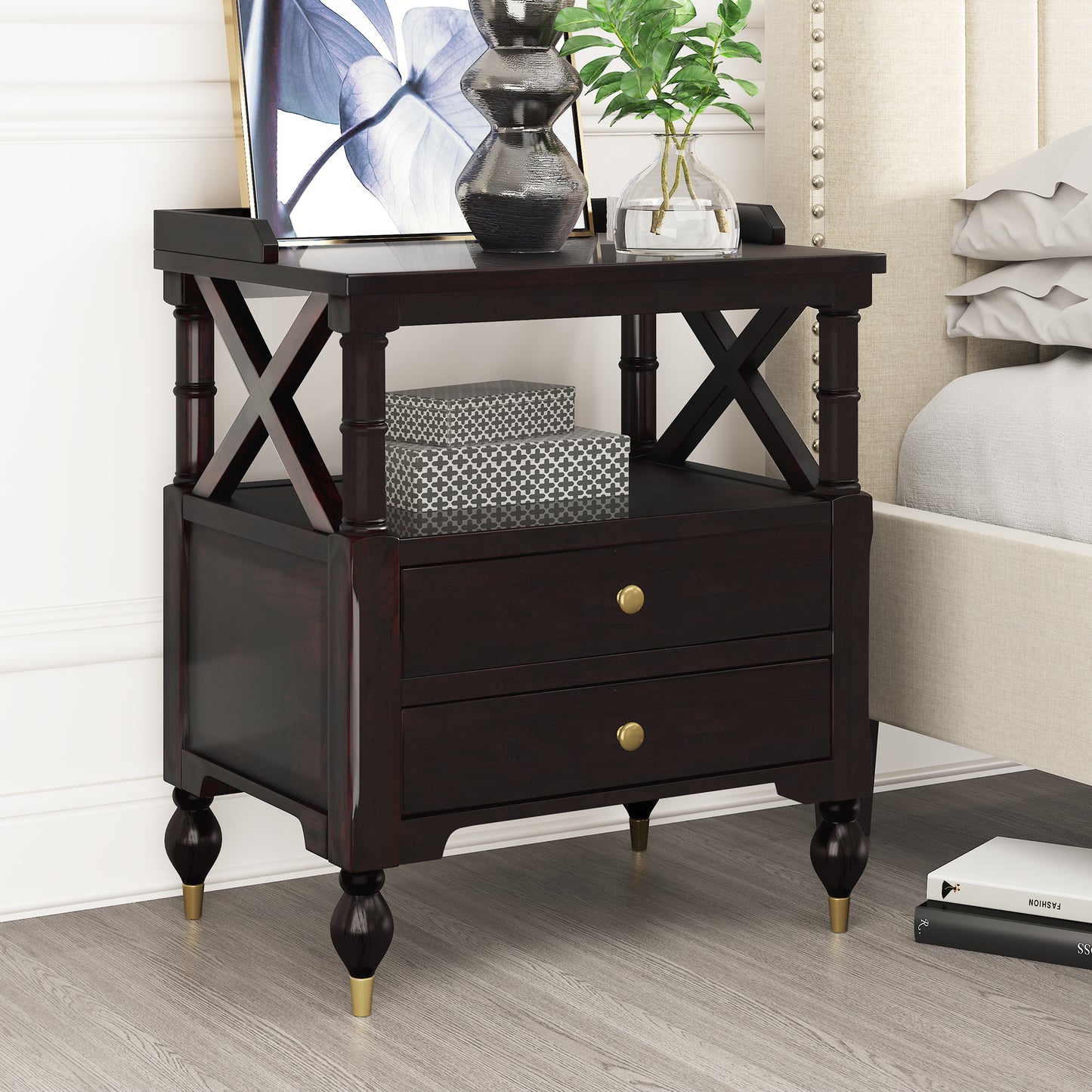 3 pieces bedroom set modern linen curved upholstered beige platform queen bed with two black cherry nightstands