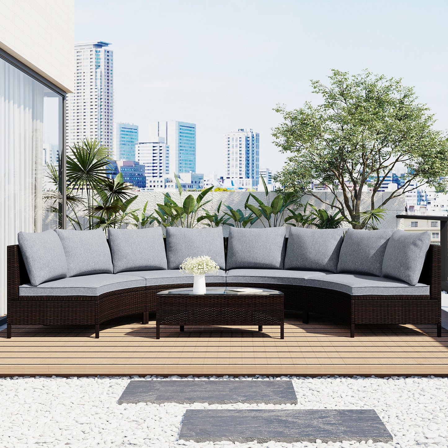 5 pieces all-weather brown pe rattan wicker sofa set
