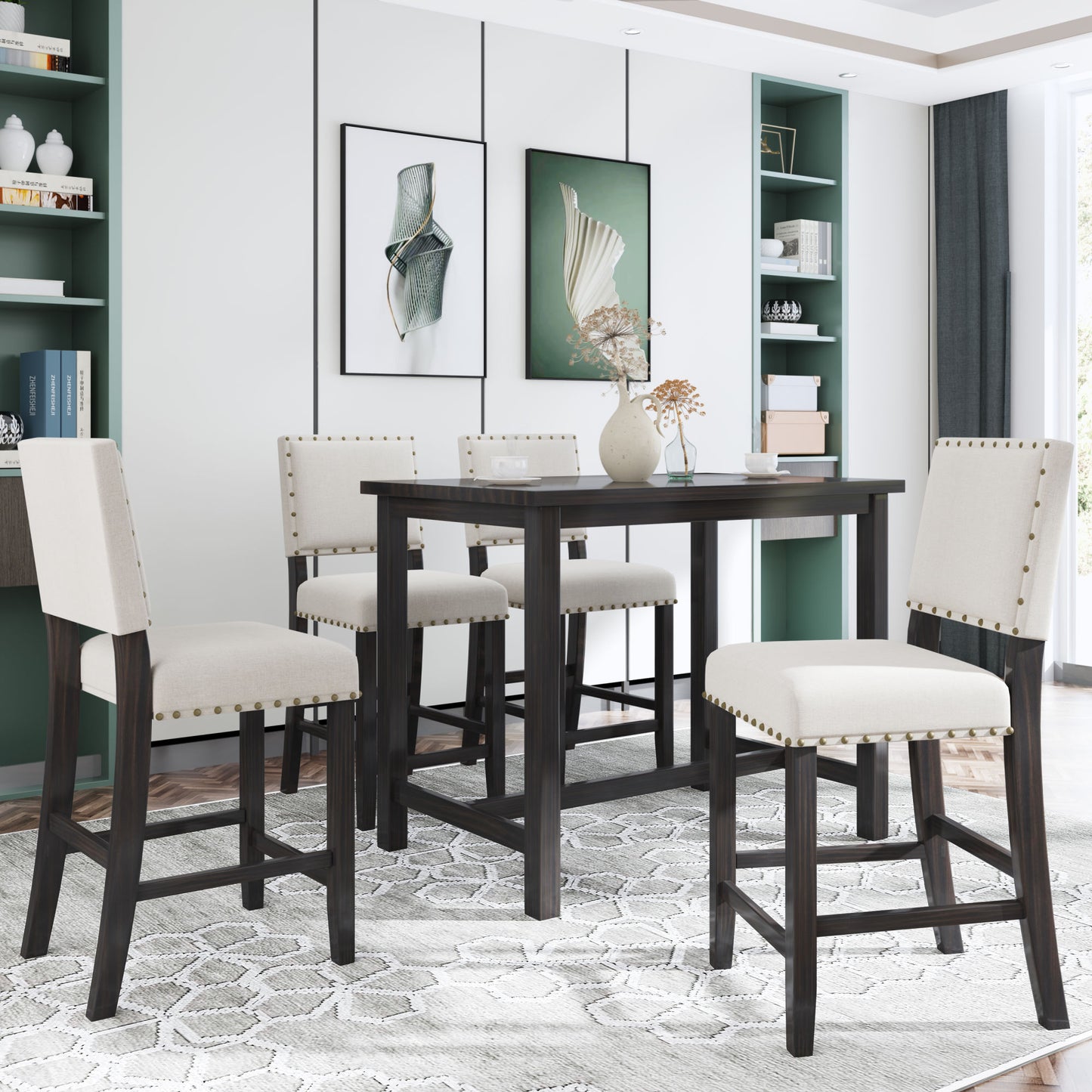 5 piece rustic wooden counter height dining table set, espresso+ beige