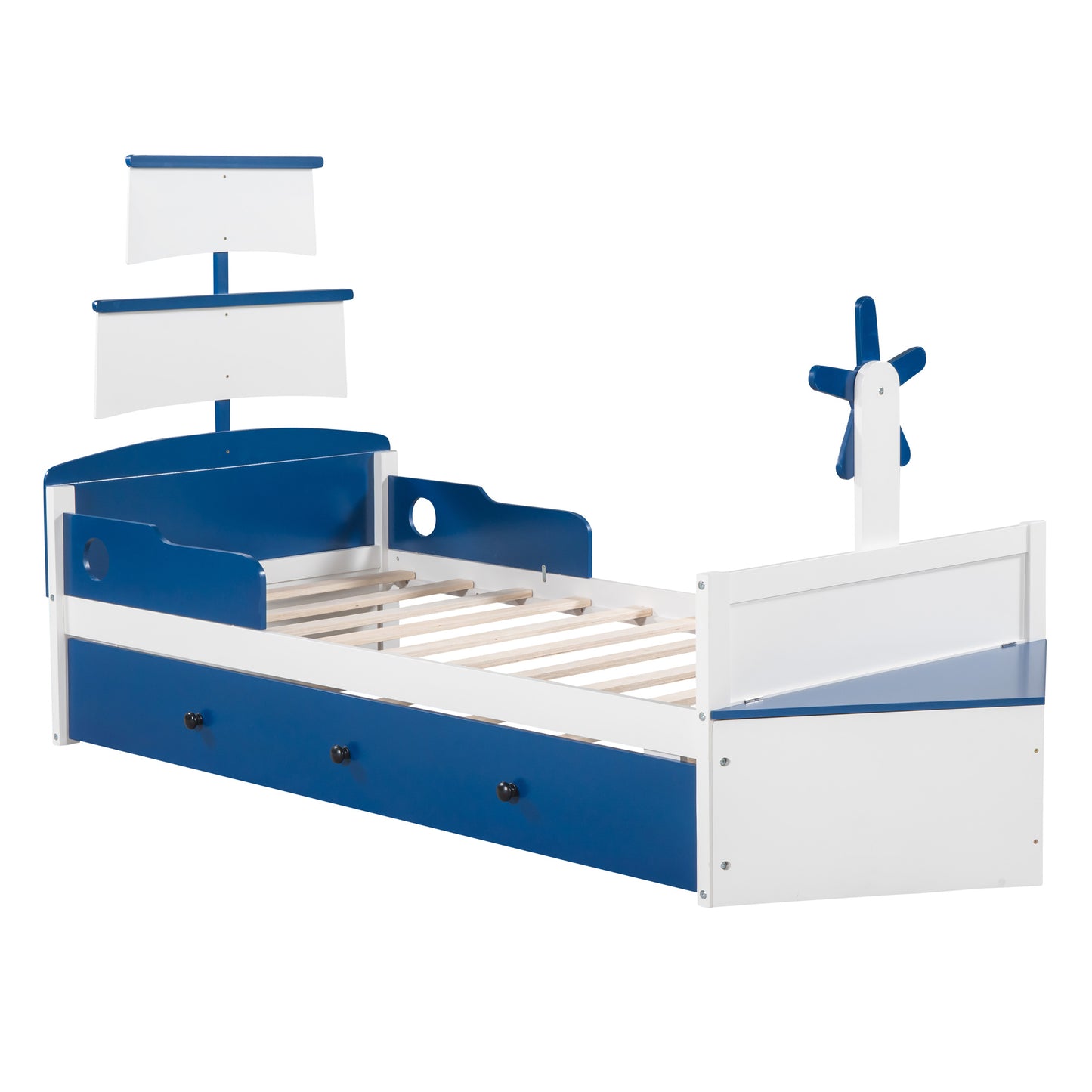 boat-shaped  bed with twin size trundle & storage, blue