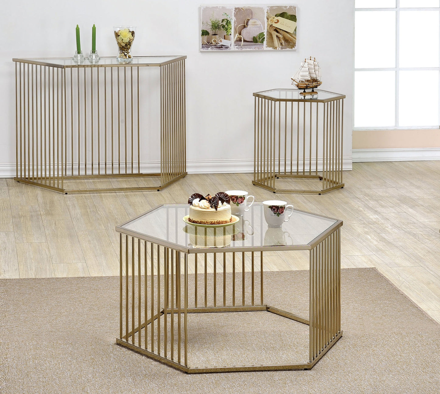 acme oaklie coffee table in champagne & clear glass