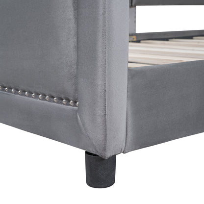 Maya Upholstered Bed with Classic Stripe Shaped Headboard, Gray