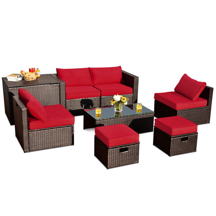 8 pieces patio space-saving rattan furniture set with storage box and waterproof cover