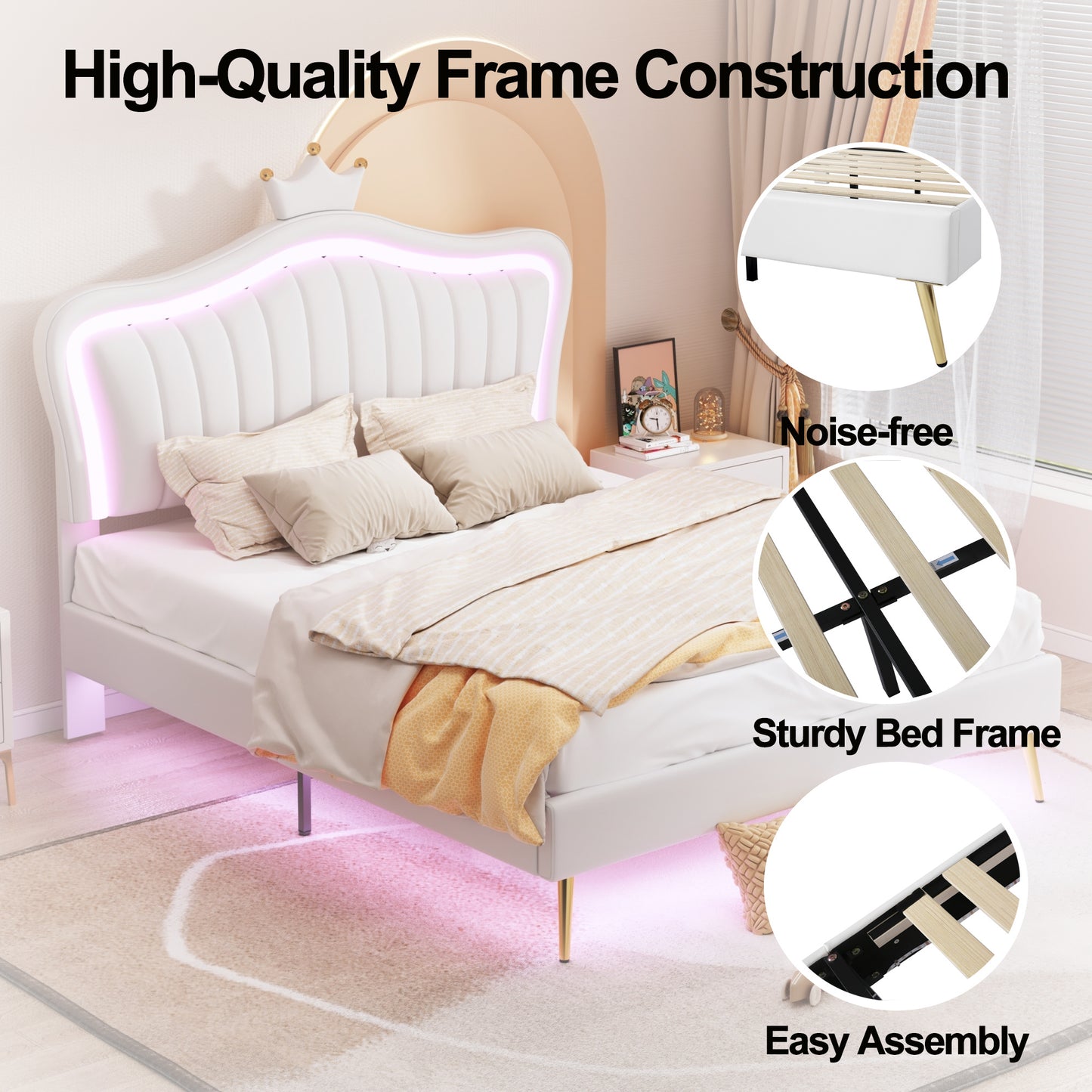 modern upholstered princess bed with crown headboard and led lights, white