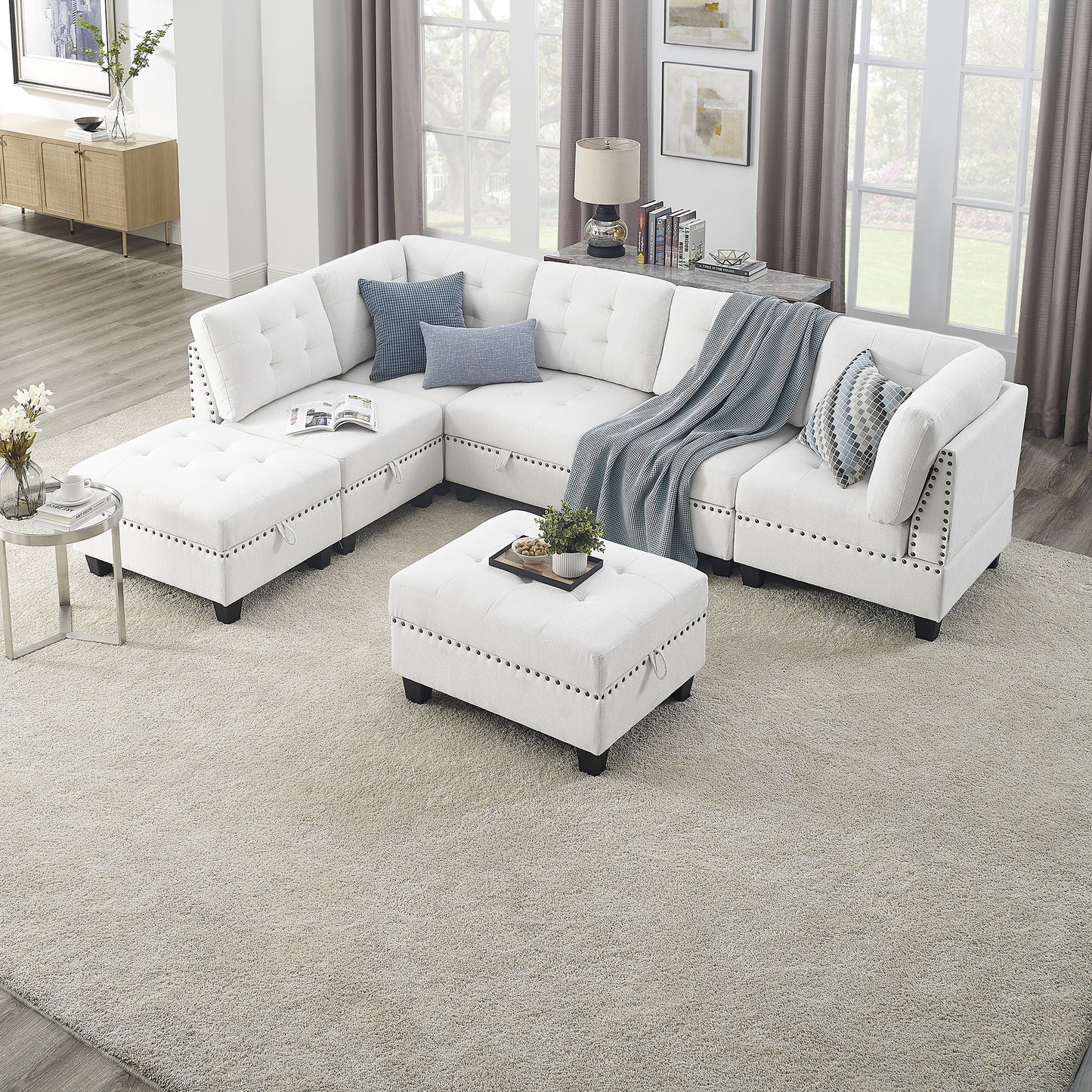 l shape modular sectional sofa includes 2 ottomans, ivory chenille