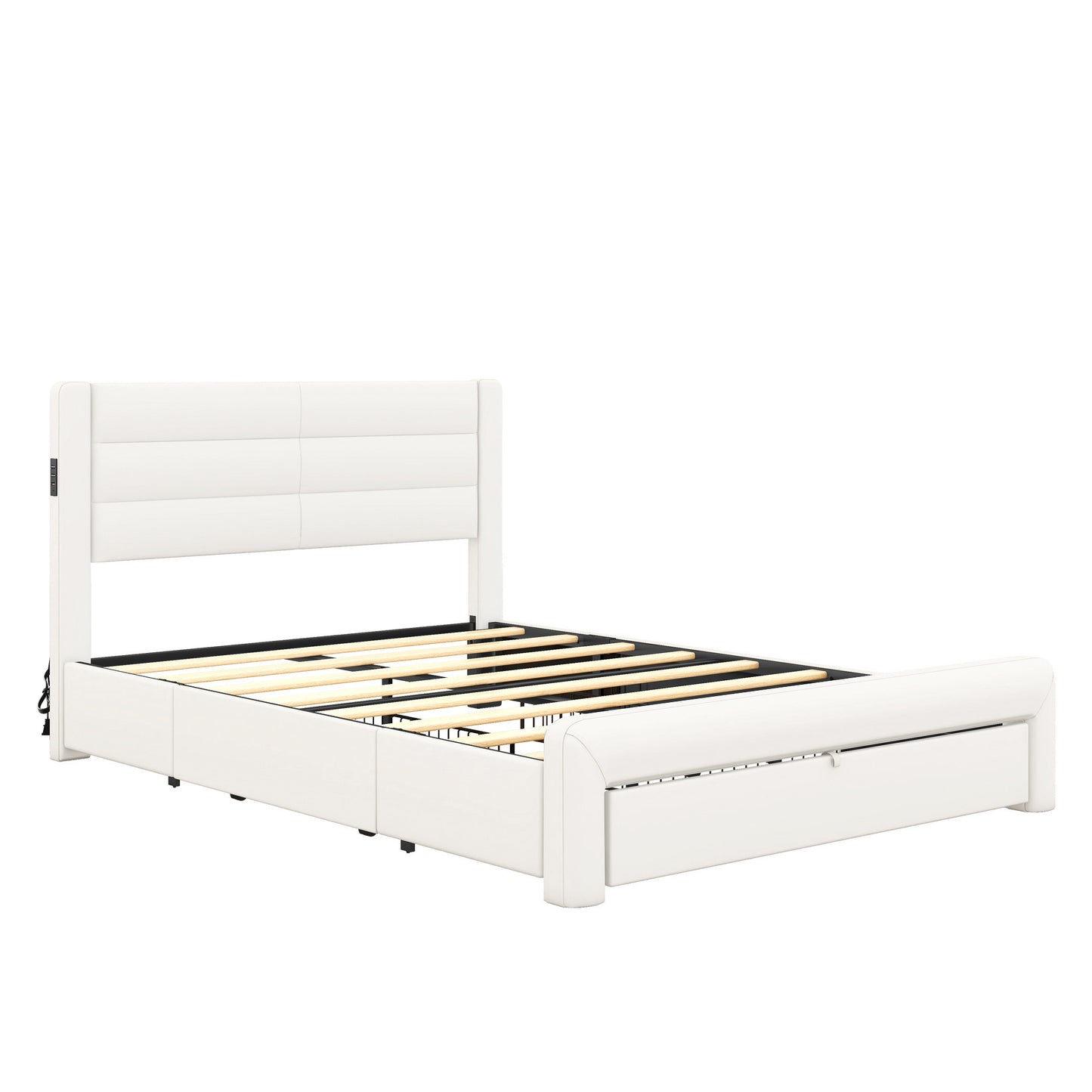 leather upholstered platform bed with drawer storage & charging station, white