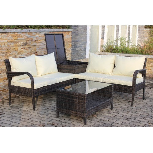 4 piece wicker rattan sofa set with storage box brown