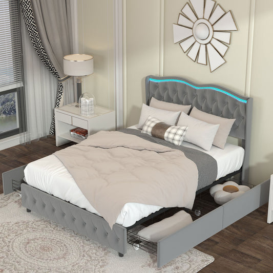 Velvet Upholstered Bed with Adjustable Colorful LED Light Decorative Headboard & Storage 4 Drawers, Grey