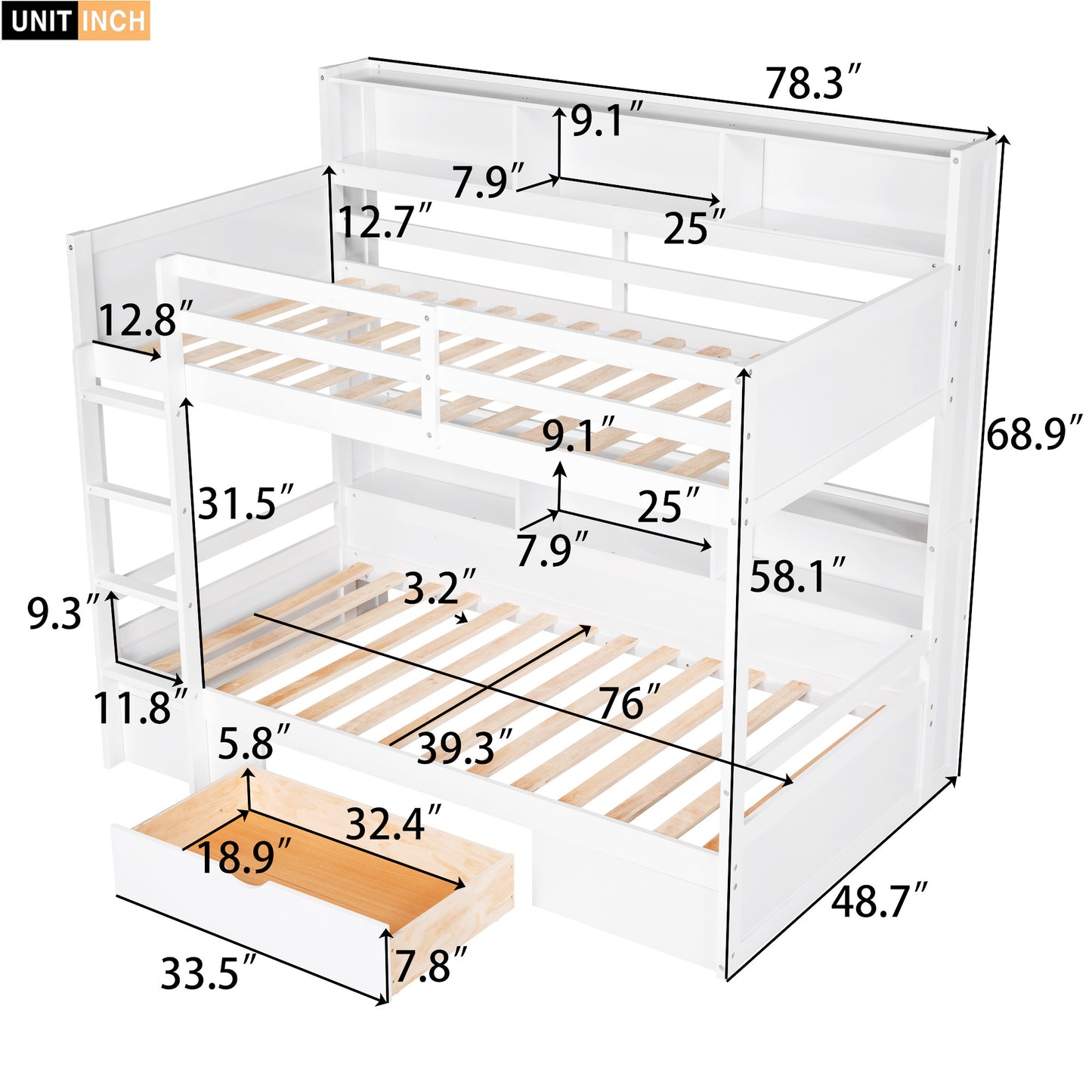 twin size bunk bed with built-in shelves, white