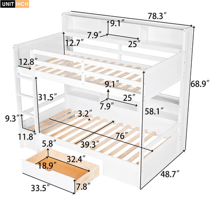 Twin Size Bunk Bed with Built-in Shelves, White
