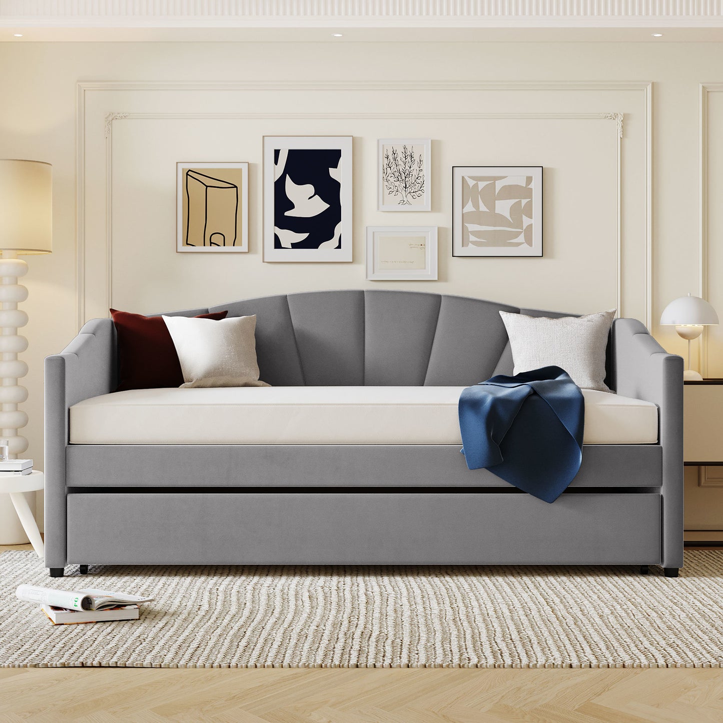 upholstered bed with trundle bed and wood slat ; gray