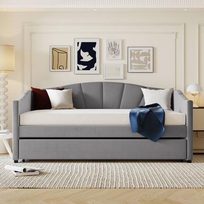 Upholstered Bed with Trundle Bed and Wood Slat ; Gray