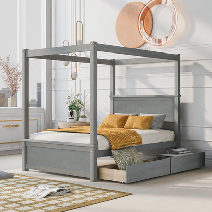 Wood Canopy Bed with two Drawers, Grey
