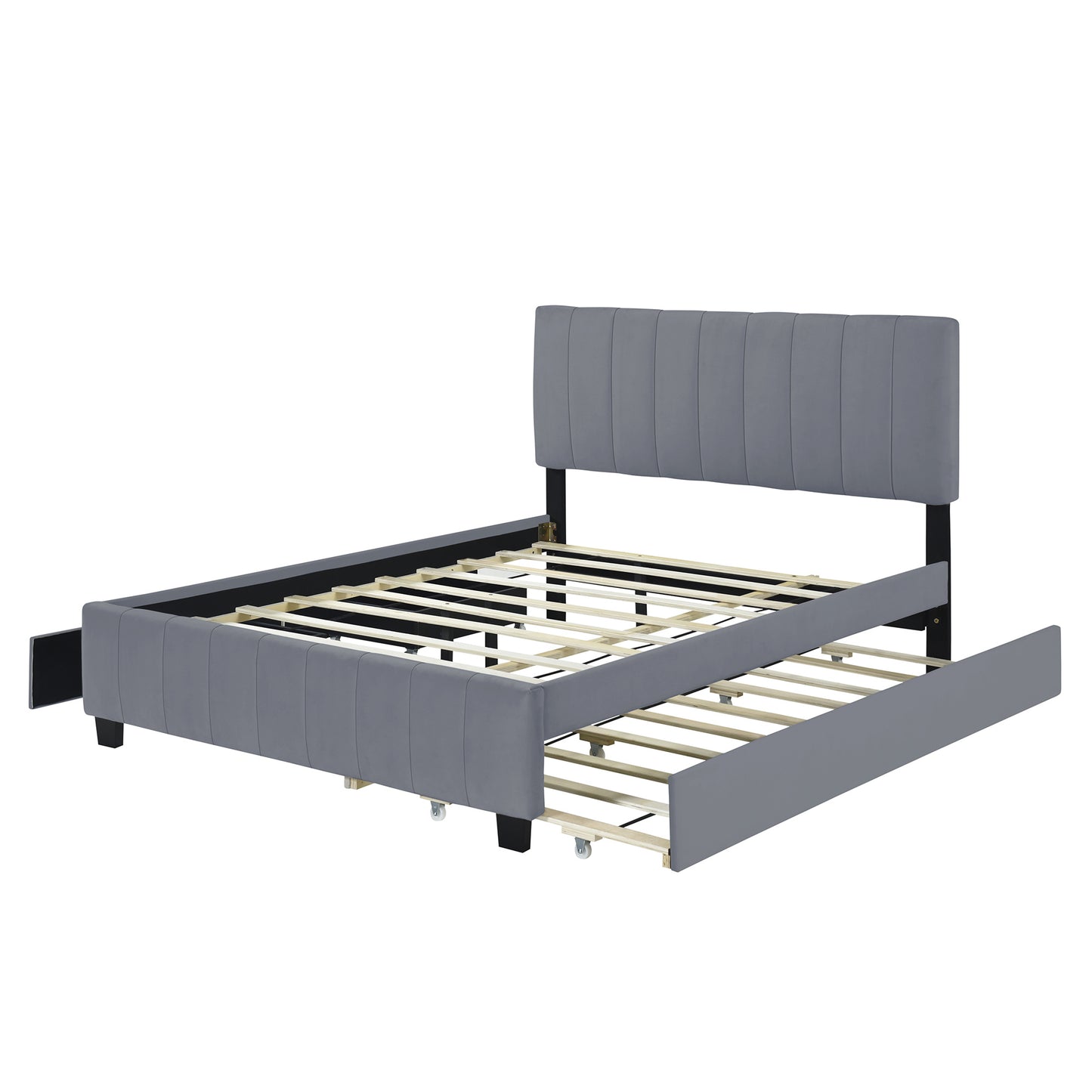 elegant velvet upholstered platform bed with 2 drawers and 1 twin xl trundle- gray