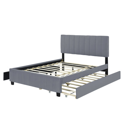 Elegant Velvet Upholstered Platform Bed with 2 Drawers and 1 Twin XL Trundle- Gray