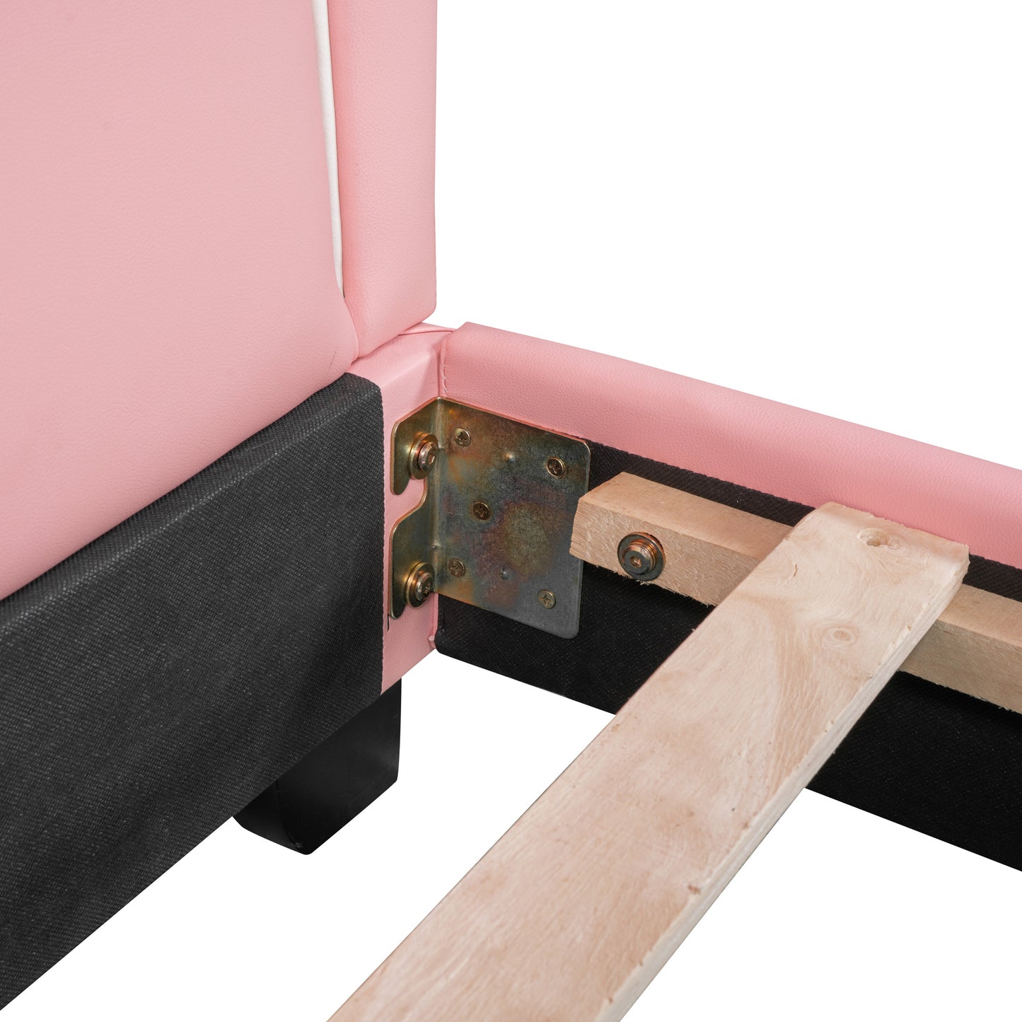 upholstered leather platform bed with rabbit ornament, pink