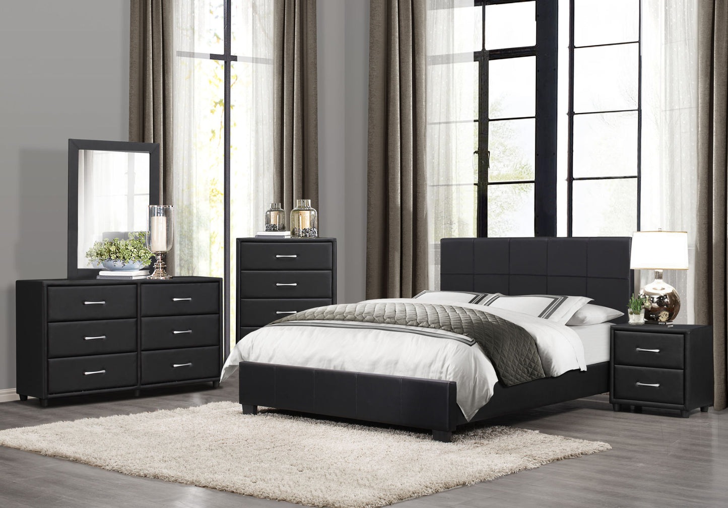 contemporary design black dresser 1pc 6x drawers faux leather upholstery plywood engineered wood