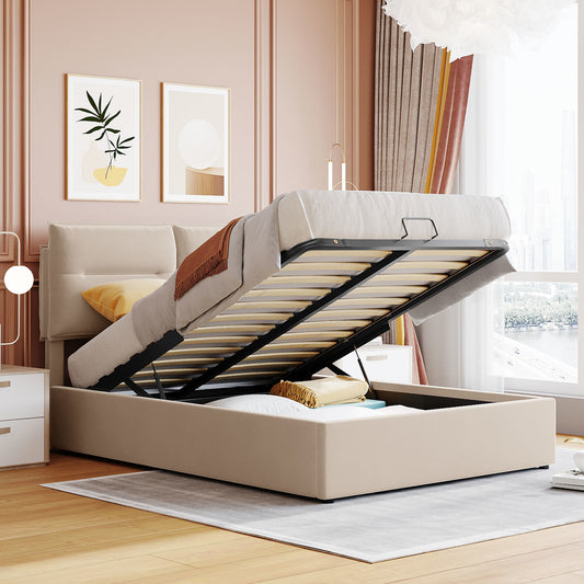 Upholstered Platform bed with a Hydraulic Storage System