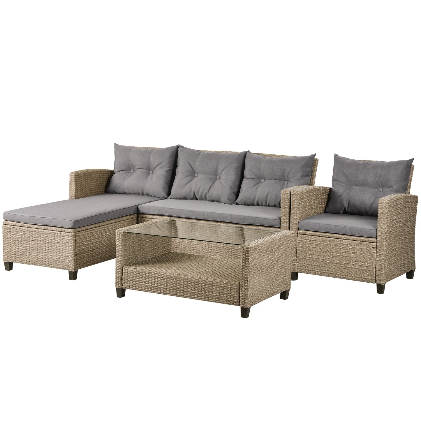 4 piece wicker ratten sectional sofa set with seat cushions, beige brown
