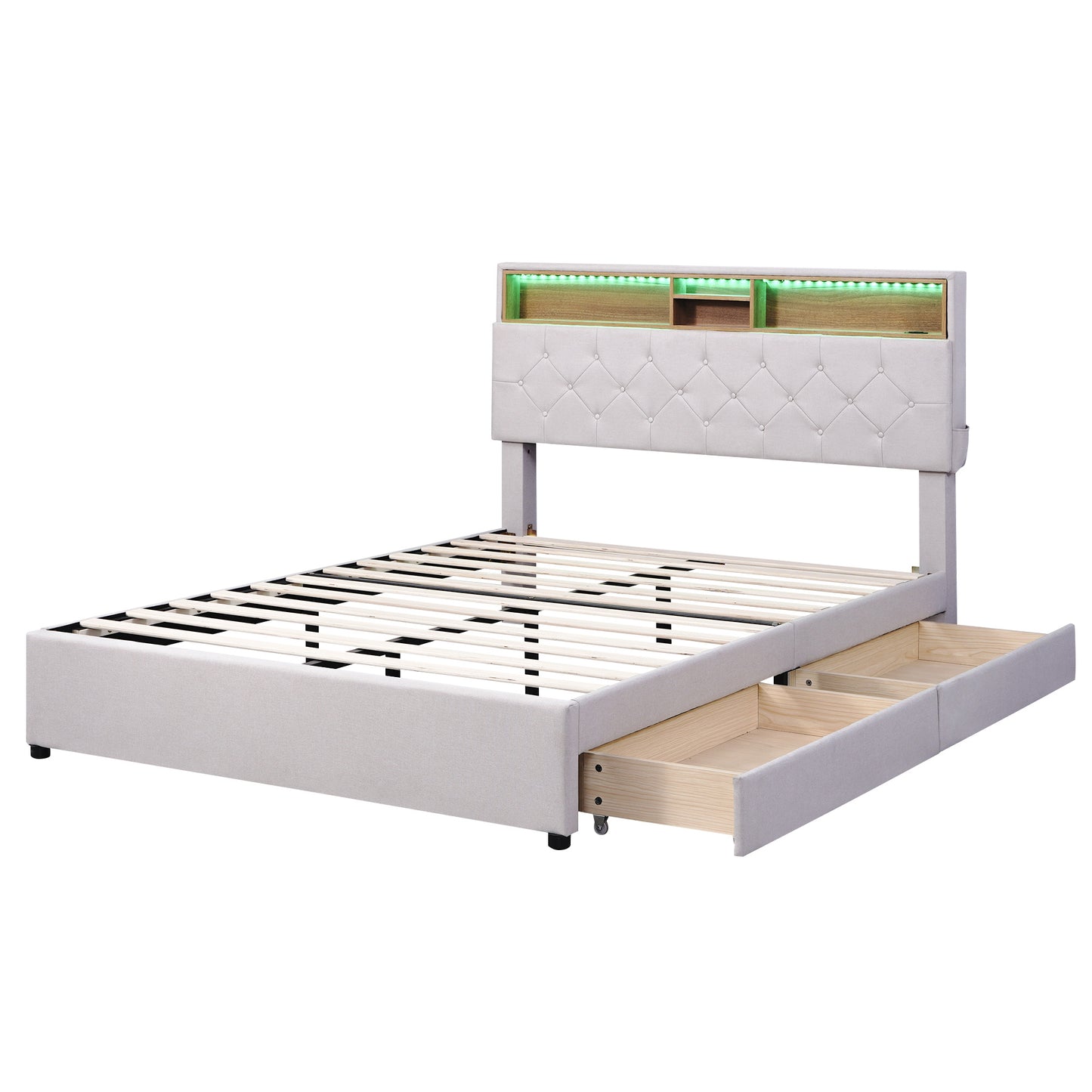 upholstered bed with storage headboard, led, usb charging and 2 drawers