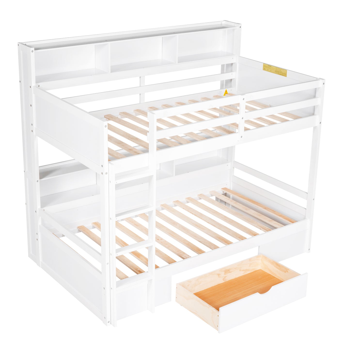 twin size bunk bed with built-in shelves, white