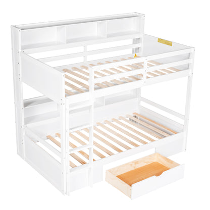Twin Size Bunk Bed with Built-in Shelves, White