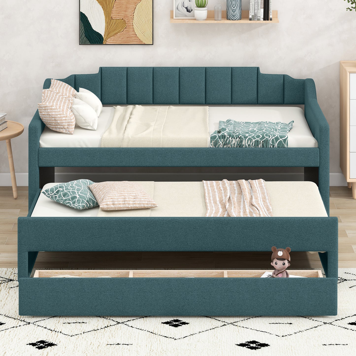 eli upholstered daybed with trundle and three drawers, green