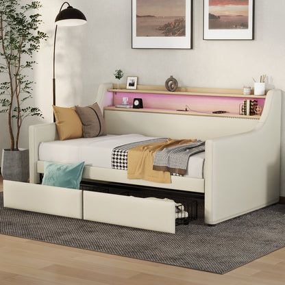 Upholstered Bed with Charging Station and LED Lights, Beige