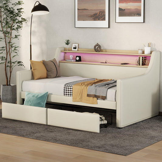 Upholstered Bed with Charging Station and LED Lights, Beige
