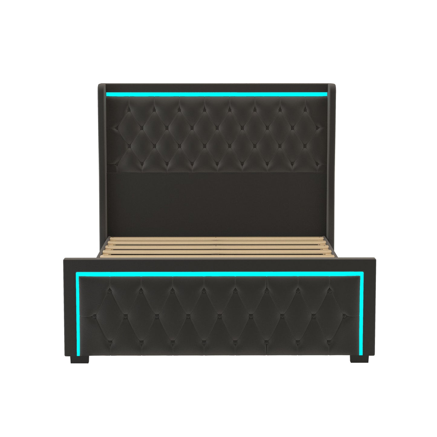 velvet upholstered bed with deep tufted buttons & adjustable colorful led light, black
