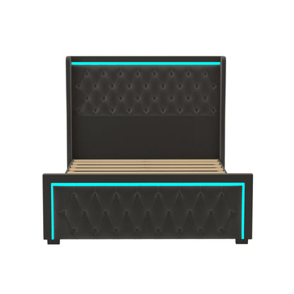 Velvet Upholstered Bed with Deep Tufted Buttons & Adjustable Colorful LED Light, Black
