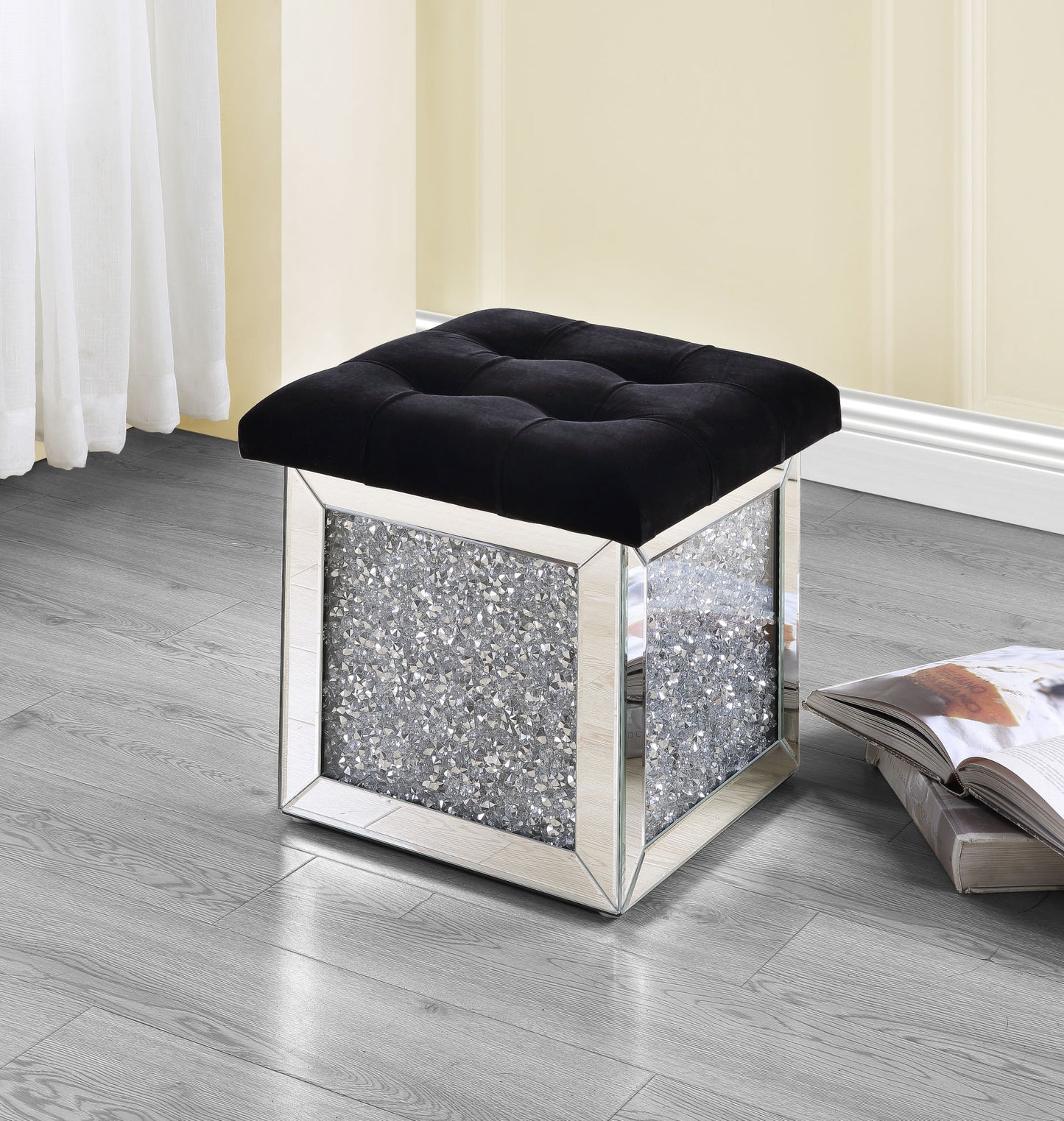 acme noralie ottoman w/storage mirrored & faux diamonds