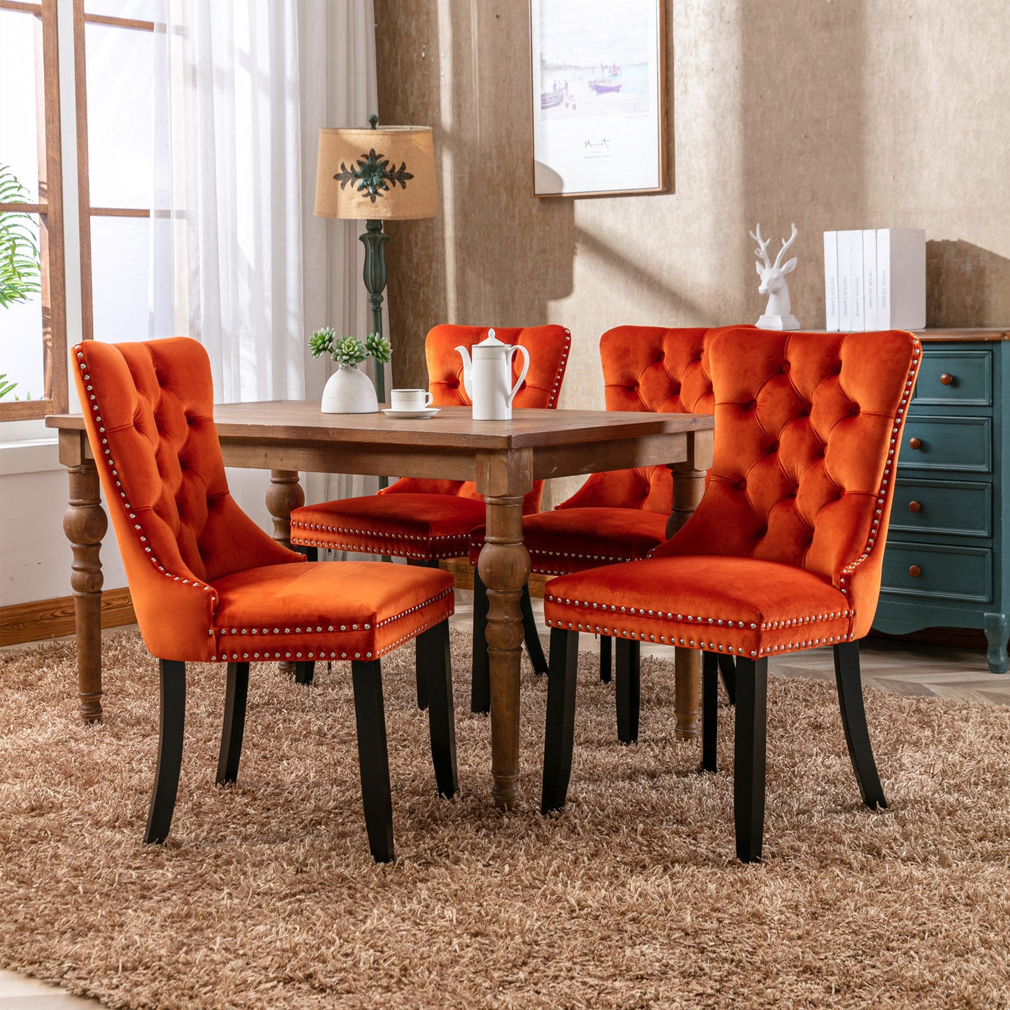 high-end tufted upholstered dining chairs, 2-pcs set orange