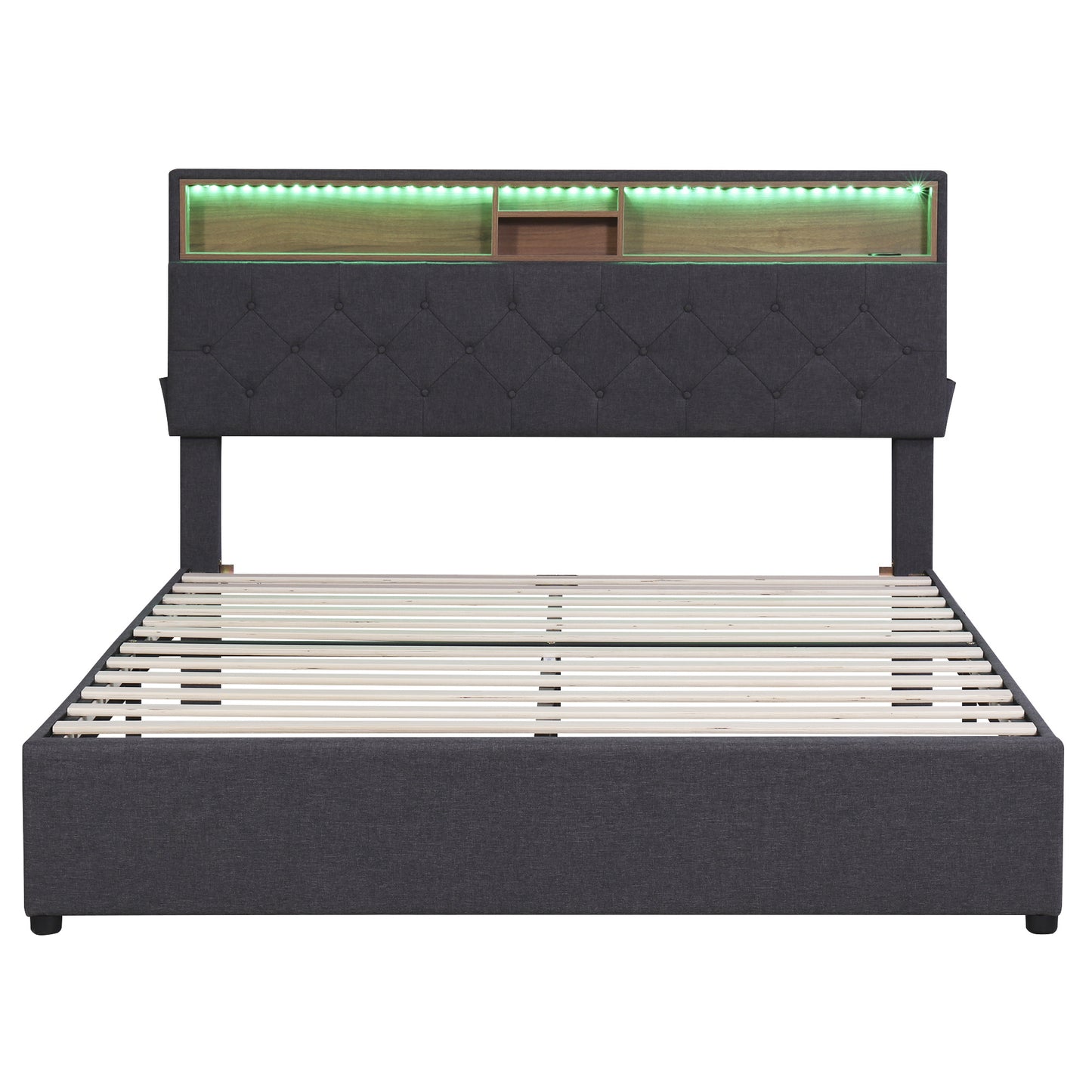 upholstered platform bed with storage headboard, led, usb charging and 2 drawers