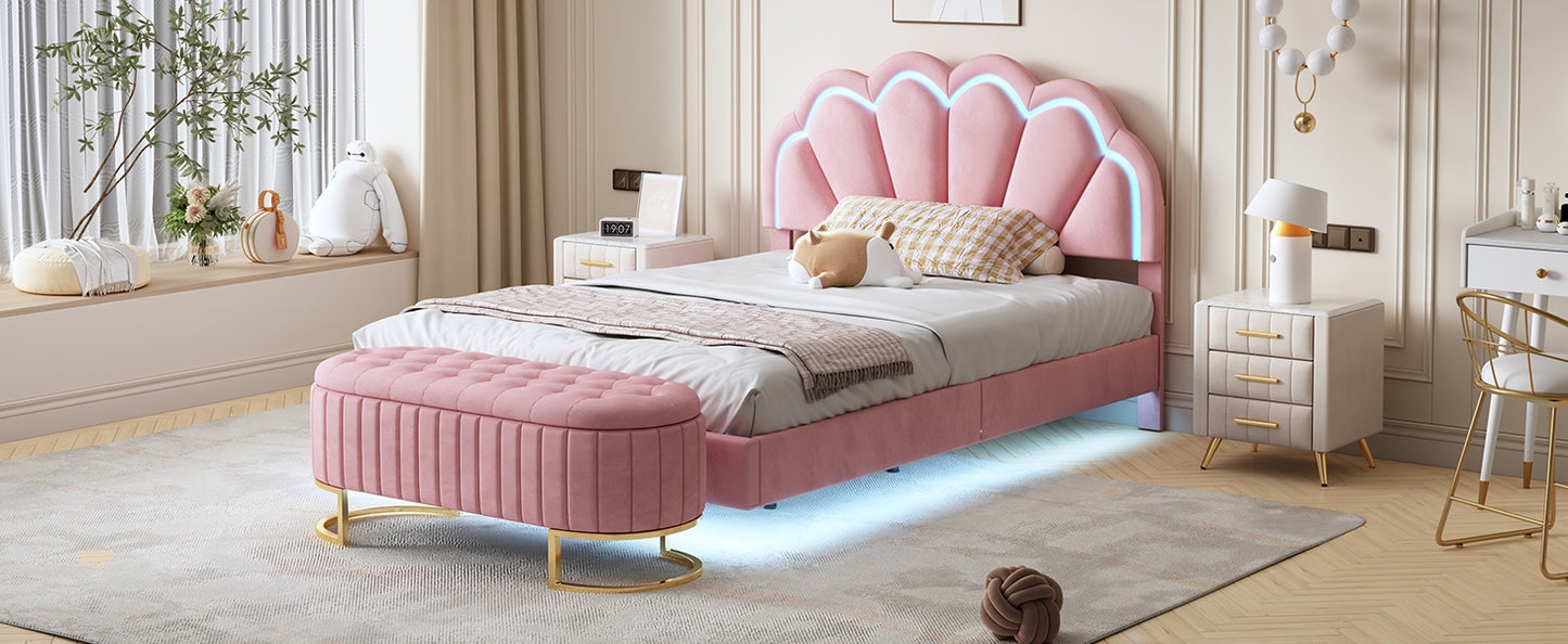 velvet upholstered led platform bed with storage ottoman, pink