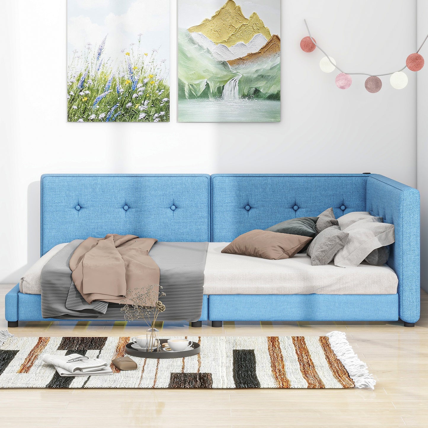 upholstered queen size platform bed with usb ports, blue