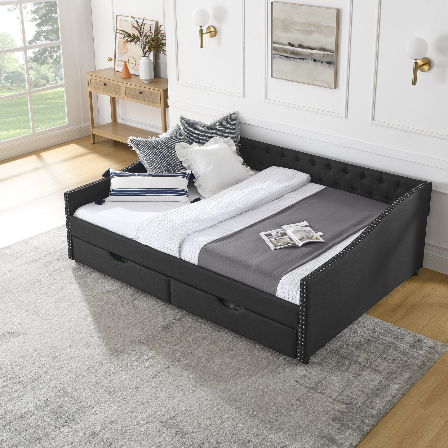 queen size daybed with drawers upholstered tufted sofa bed,,with button on back and copper nail on waved shape arms(84.5"x63.5"x26.5")