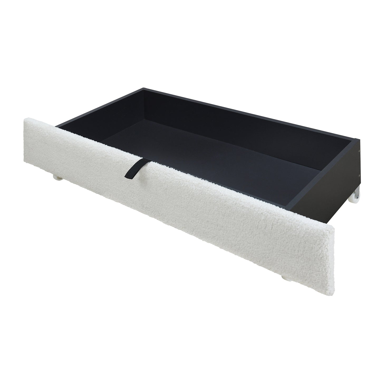 teddy upholstered platform bed with large rivet-decorated backrests and 4 drawers, velvet beige+white